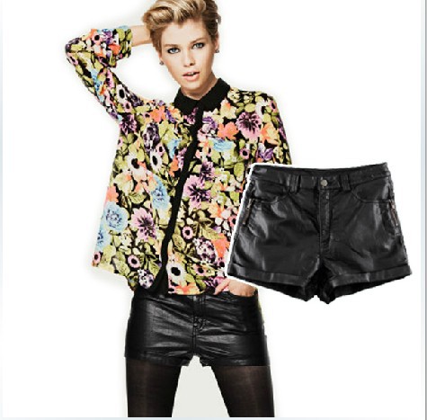 2012 New arrival zipper decoration sexy black leather women shorts 34, 36, 38 Free shipping