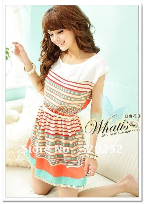 2012 New Arrivals Stripe dress! Colorful Stripes Mini Dress Free Bowknot Belt Womens Dresses