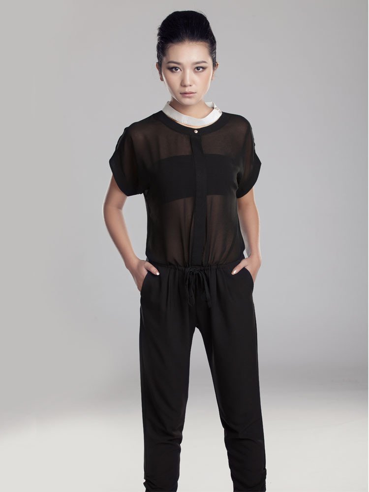 2012 new arrivals women free shipping black chiffon loose jumpsuits