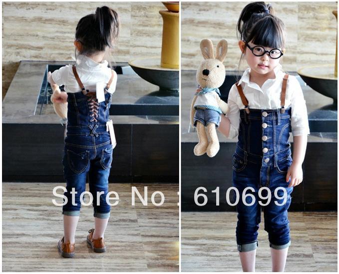 2012 new arrive baby jeans korean style girl denim overalls size:100cm-140cm autumn kid trousers wholesale