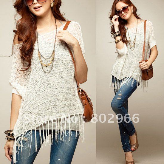 2012 new arrive free shipping hot sale sweet women autumn Batwing top fringe SWEEP knit tops tunic tassel shirt ST182 white