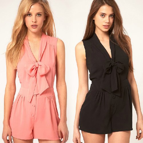 2012 new arrive hot sale free shipping 3 color 6 size XS-XXL women sleeveless bowknot button romper jumpsuit playsuit HY59