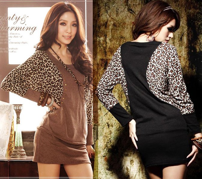 2012 New Arrive Women Sheath Dresses Sexy Club Leopard Mini Skirt Black Brown Cotton Ladies' Beauty Dress Free Shipping