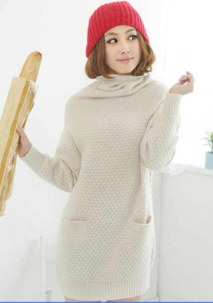 2012 New arrived hotsell women's turtleneck knitwear plus size loose long sweater with pockets 204047 Free Shipping