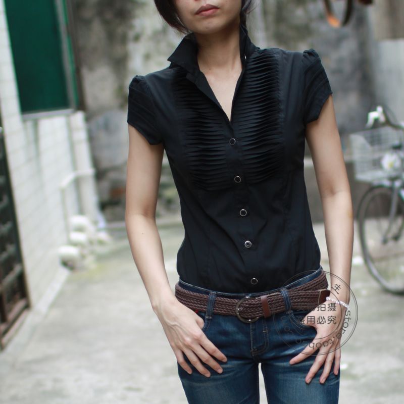 2012 New Arrived  ol elegant stand collar unique ofdynamism short-sleeve slim one piece shirt  Free  shipping