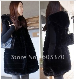2012 New Arrived  Women's clothing   Faux fur coat with a hood slim waist medium-long vest Turn -down Collar  outerwear