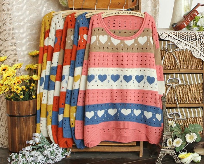 2012 New Autumn CHIC CREW NECK DIPPED HEM LOOSE FIT Top Batwing SWEATER JUMPER five Candy Color Heart Stripe