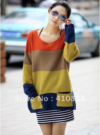 2012 new autumn ladies sweater Korean spell color loose sweater bat sleeve sweater