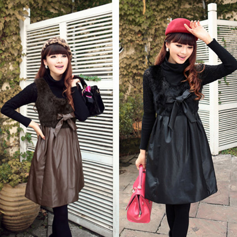 2012 new autumn outfit dress cultivate one's morality PU leather sleeveless rabbit hair splicing leather dress+free shipping