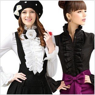 2012 New Autumn Women Long Bell Sleeve Ruffled Dress Shirt Slim Fit Blouse OL Shirt White,Black S-XL Freeshipping