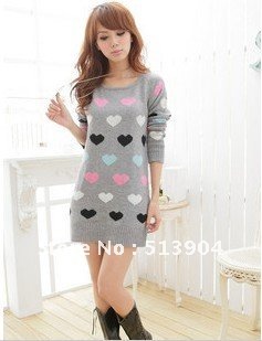 2012 new autumn women's Casual Multicolor Heart Long Sleeved Knitted Sweater Dress Pullover sweaters