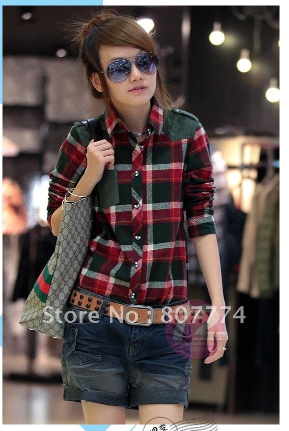 2012 New Autumn Women's Plaid Shirt Slim Fit Turn Down Collar Patchwork Top Qualtiy Guarantee Jacket S/M/L