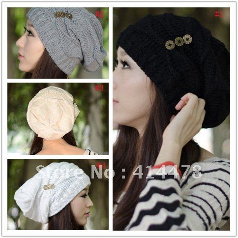 2012 New Big Baggy Handmade Knit Winter Womens Hat Fashion Crochet Beanie Hats Skull Caps Warm Beanies 6Buttons Free Shipping