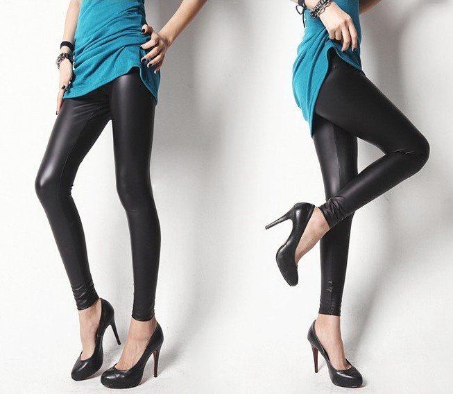2012 New Black Faux Leather Panel Leggings Hot Slim Tights Pants For Women+Free Shipping