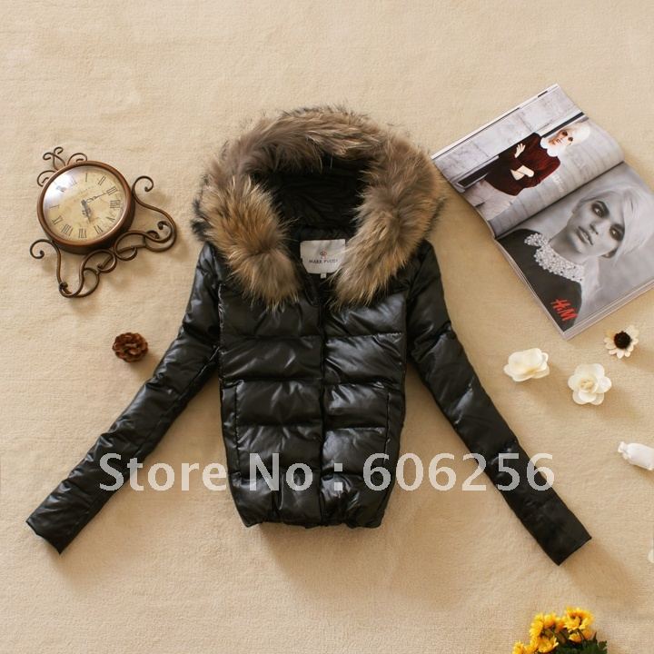 2012 new brand big raccooon fur collar fashion Women short design slim PU down coat,leather down jacket