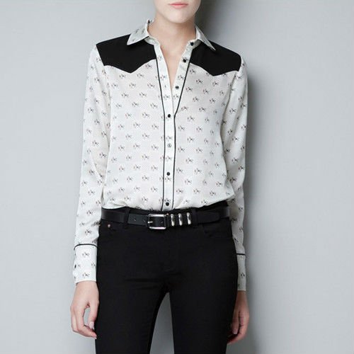 2012 New Color Block Horse Print Long Sleeve Turn Down Collar Shirt Blouse Top 0080#