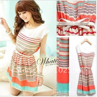 2012 New Colorful Stripes Chiffon Mini Dress With Free Bowknot Belt Free Shipping