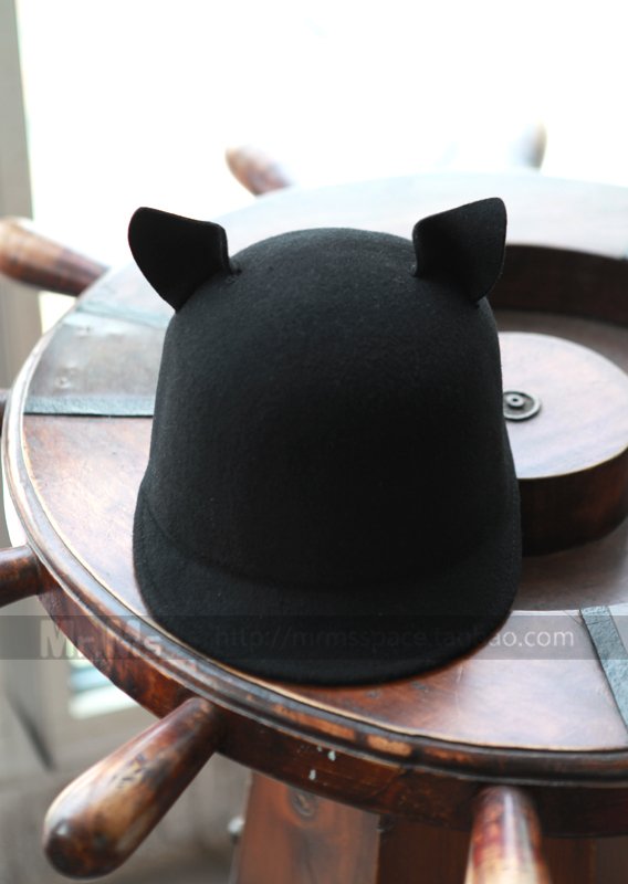 2012 New cute little ears women hat 100% wool black hat