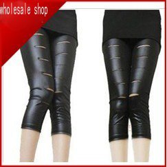 2012 new design sexy women's  legging Imitation leather hole 7 minutes of pants to render pants