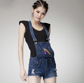 2012 new designer trousers, women fashion holed suspender pants, blue jean trousers with braces, free shipping retro denim pant