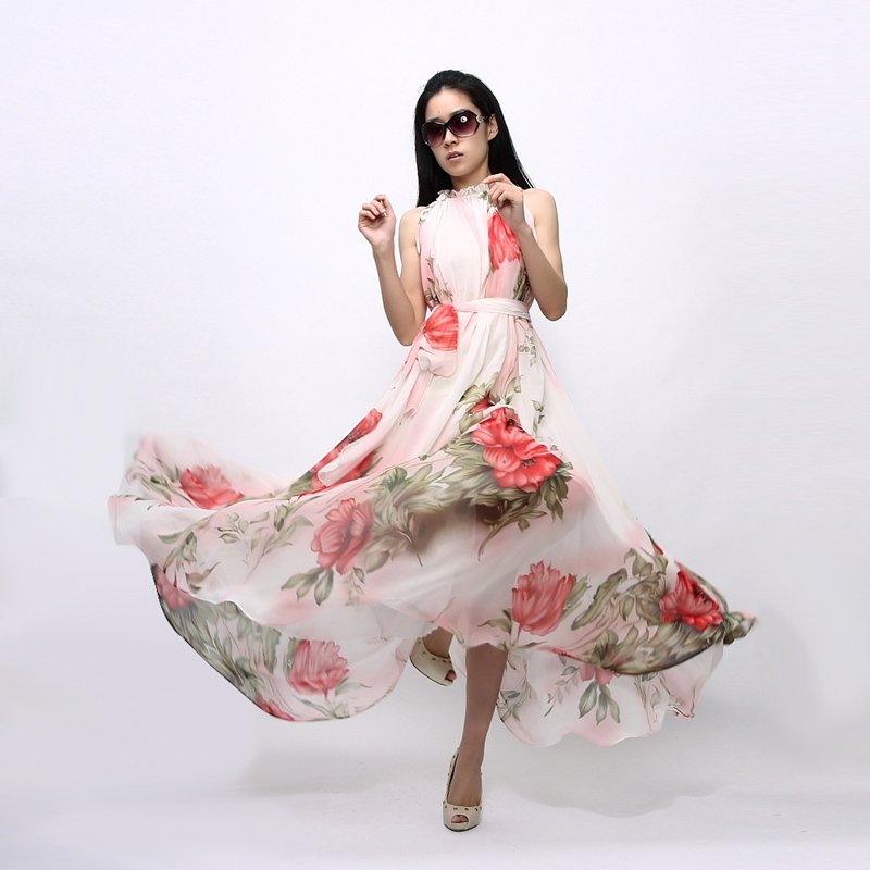 2012 NEW Elegant Print Chiffon one-piece Dress Suspender Skirt Ruffle Ultralarge Full Dress 9035