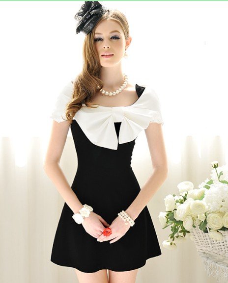 2012 New Elegant Women Dress With Bow Collar A-line Black Dress E4025