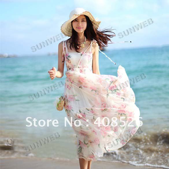 2012 New Elegant Womens BOHO Bohemian Rose Imitated Silk Chiffon Slip Summer Long Dress free shipping 5049