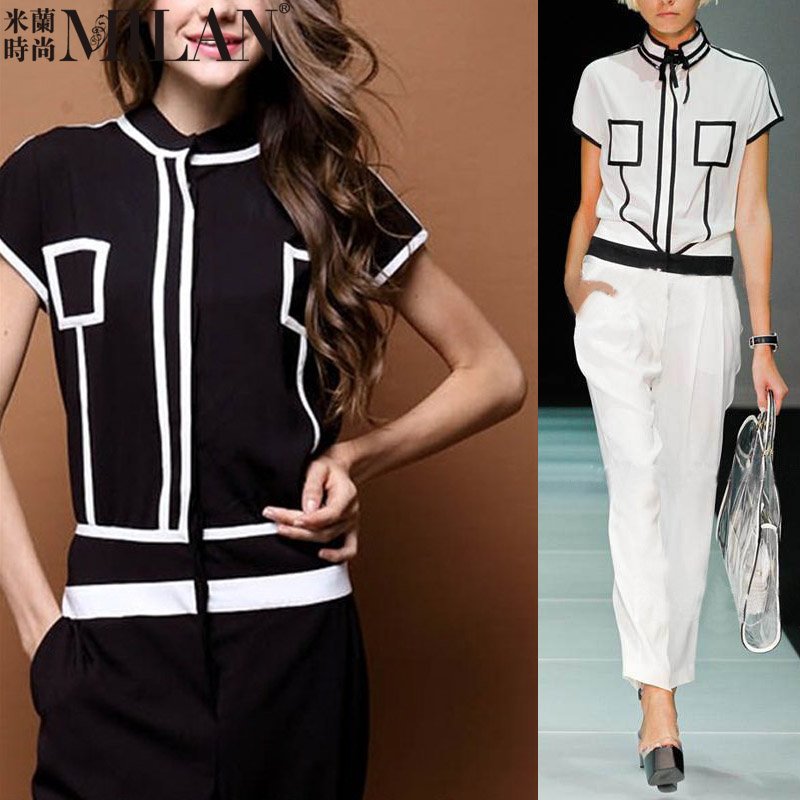 2012 New England wind super-gas field OL commuter mixed colors Slim jumpsuit / piece pants black / white