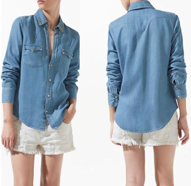 2012 New Europe Brand Rivet Denim Casual Blouse, Women Shirt Clothing, Free Shipping, G5172