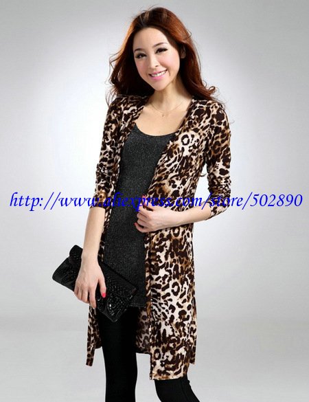 2012 New Fashion Autumn Korean Style Big Yards Bat Lepoards Long Knitted Women's Cardigan Jacket