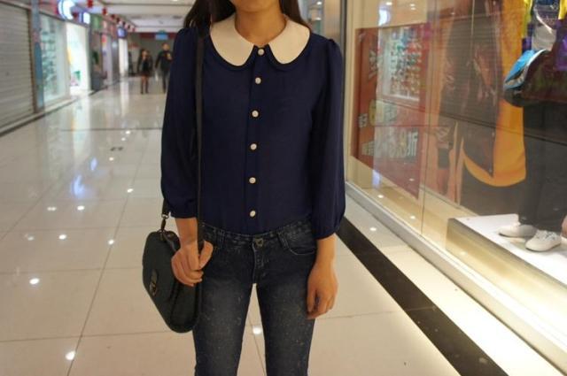 2012 new fashion chiffon blouse,preppy style sweet peter collar double collar slim three-quarter sleeve tops,women shirts,blue