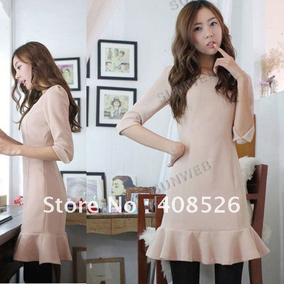 2012 New Fashion Korea Women's Lotus leaf hem Slim Round Neck Mini Dress Pink free shipping 5037