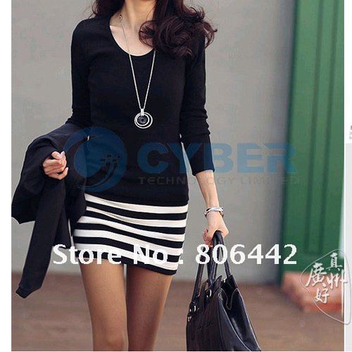 2012 New Fashion Korean Women's Casual Slim Striped Stitching Cotton Dress Free Shipping