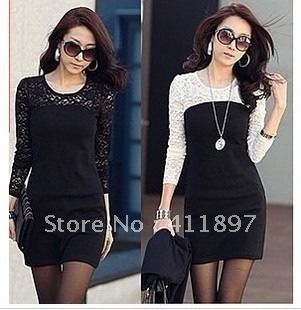 2012 new fashion Ladies' Long sleeve Sexy Lace slim Dress Silk joining together Skirt Western Mini White, Black