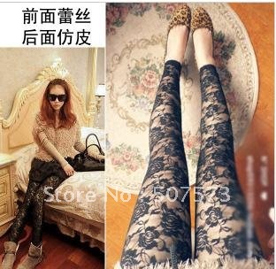 2012 new fashion leisure bud silk imitation leather splicing hollow out backing pants