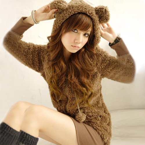 2012 new fashion lovely  rabbit ears long coffee  plush  coat #12060