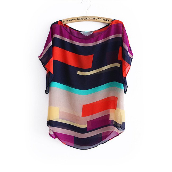 2012 New Fashion Multicolour Stripe Pullover Loose Batwing Short Sleeve Chiffon Shirt/ Brand Blouse Free Shipping