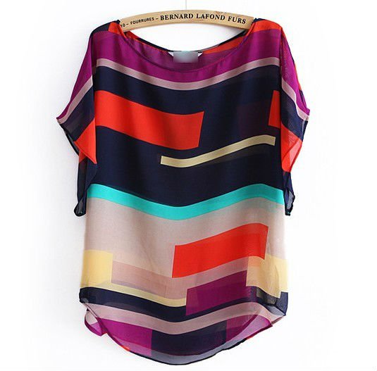 2012 New Fashion Multicolour Stripe Pullover Loose Short Sleeve Chiffon Shirt/ Brand Blouse Free Shipping