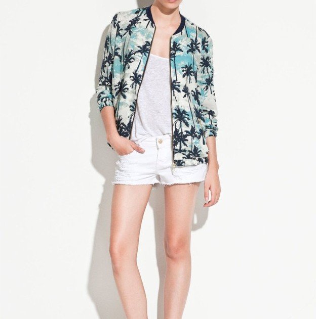 2012 New fashion  OL coconut tree print Womens' Jackets quality cotton with zipper pockets O-neck casual blazer coat