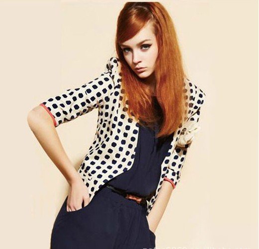 2012 New fashion Polka dot print floral womens' jacket suit V-neck three quarter sleeve  OL slim casual blazer coat cozy