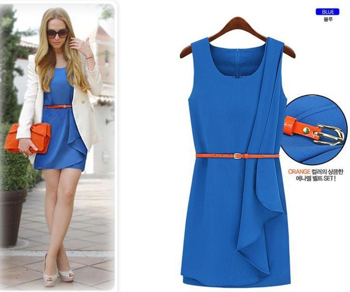 2012 new Fashion Runway Ladies' ruffles elegant gorgeous Blue Dress Novelty vintage Knee-Length Vintage cascul with free belt !!