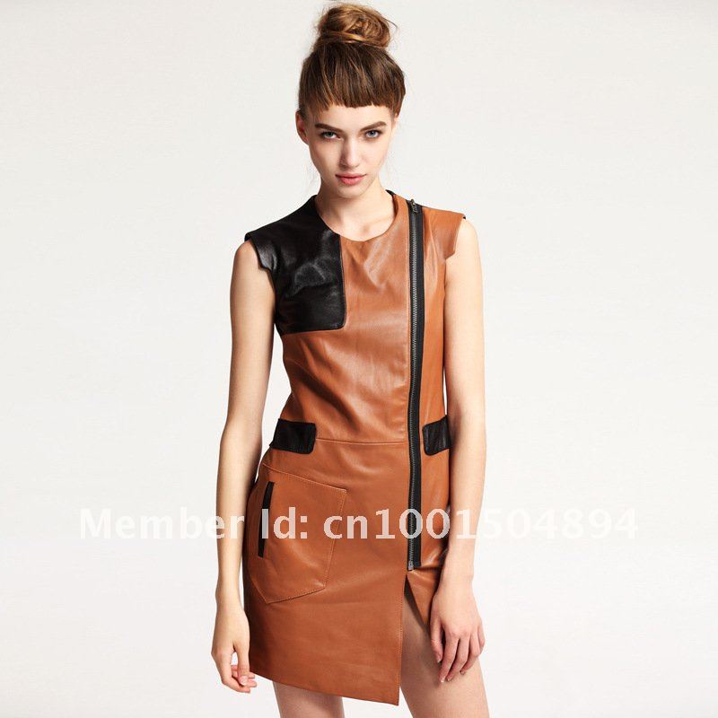 2012 New fashion!Sheep Skin Genuine leather dress with zip front,factory direct!