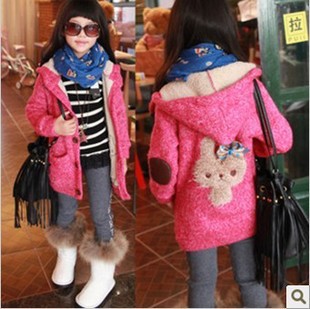2012 new fashion winter female child add villi rabbit applique leather patches horn with a hood outerwear sweater