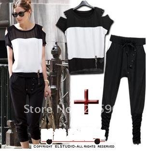 2012 new fashion women clothing Suite ]  nails black and white stitching strapless tops+Harem pants with elastic pocket