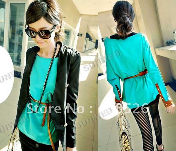 2012 new fashion Women dress Ladies Loose Long Sleeve Casual Shirt With belt Green Tops Blouse free shipping 4161