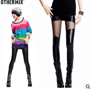 2012 New Fashion Women Gauze PU Leather Patch Balck Leggings Women Trousers Pants KC