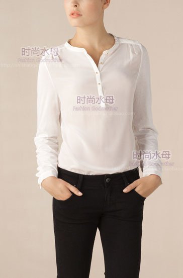 2012 New Fashion Women Long-Sleeve O-neck Silk & Modal Patchwork Shirt Small Gold Button Free Shipping