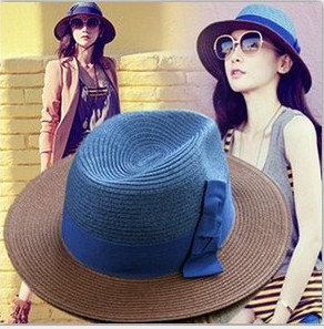 2012 New Fashion Women's accessories cap beach wide brim hat bow fedoras summer hat sunscreen Free Shipping
