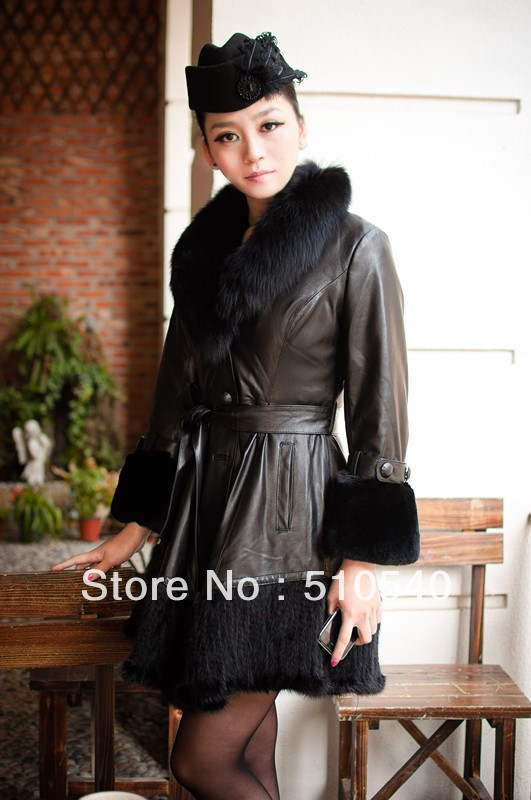 2012 new fashion women's lamb leather long jacket with mink fur trims ladies winter outwear coat missy size solid color
