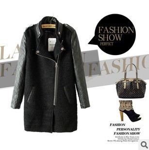 2012 New Fashion Women's PU leather Sleeve Windcoat  Winter Coat Overcoat E21194-X03